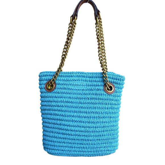 KURT GEIGER LONDON Small Chelsea Raffia Shoulder Tote Blue NWT - Picture 2 of 5